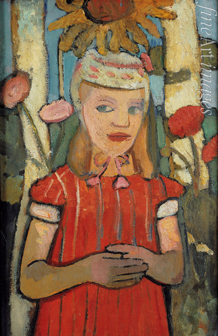 Modersohn-Becker Paula - Mädchen in rotem Kleid vor Sonnenblume