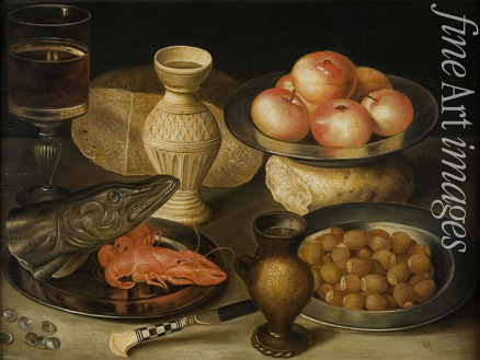 Flegel Georg - Still life with Siegburg stoneware jug, glass, knife, two loaves, three pewter plates with hazelnuts, seafood and apples
