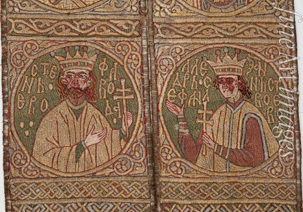 Byzantine Applied Arts - Epitrachelion of Stephen III of Moldavia. Detail: Stephen III with son Alexandru 
