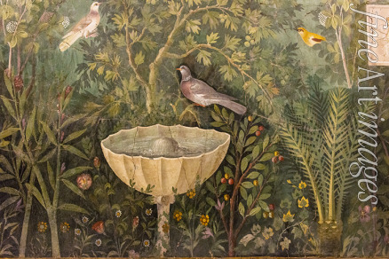 Römisch-pompejanische Wandmalerei - Garten (Detail). Wandmalerei aus dem Haus des goldenen Armreifs (Casa del Bracciale d'Oro)