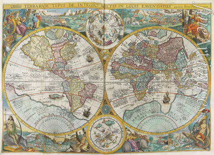 Linschoten Jan Huygen van - Itinerarium. World map with costumes, natives, ships, plants and animals