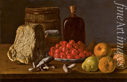 Meléndez Luis Egidio - Still life with a plate of azaroles, fruit, mushrooms, cheese and receptacles