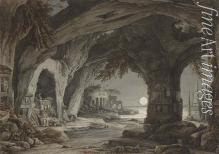 Kobell Franz Innocenz Josef - Ideal landscape with rock grotto, tombs and ruins in the moonlight