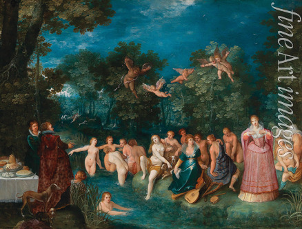 Francken Frans the Younger - Diana and her nymphs bathing, with a stag hunt in the background