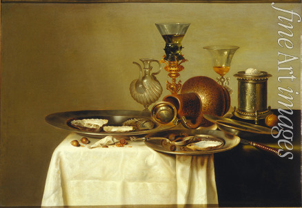 Heda Willem Claesz - Still life with a roemer on a gilt stand, stoneware and oysters