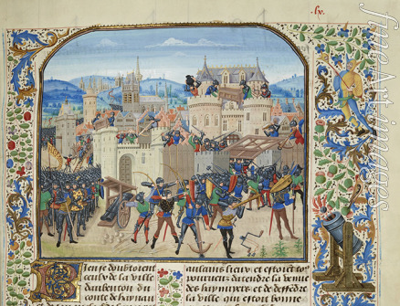 Liédet Loyset - Wilhelm II. Graf von Hennegau erobert und zerstört Aubenton 1340 (Miniatur aus Grandes Chroniques de France von Jean Froissart)