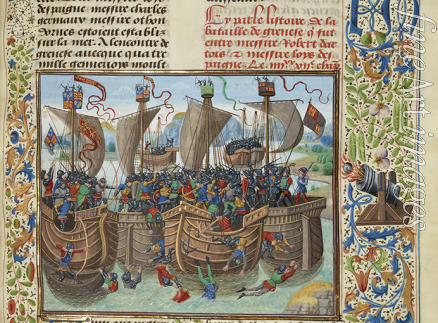 Liédet Loyset - Die Seeschlacht bei Guernsey 1342 (Miniatur aus Grandes Chroniques de France von Jean Froissart)
