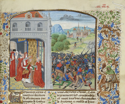 Liédet Loyset - Krönung von Papst Gregor XI. unf die Schlacht von Pontvallain 1370 (Miniatur aus Grandes Chroniques de France von Jean Froissart