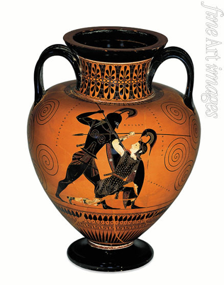 Ancient pottery Attican Art - Achilles slaying Penthesilea. Attic black-figured amphora