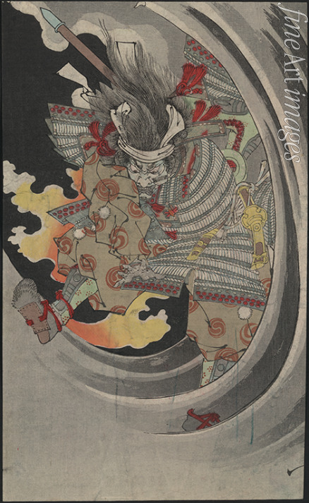 Yoshitoshi Tsukioka - The ghost of the general Taira no Tomomori crashing through waves at Nunobiki Waterfall