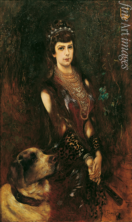 Romako Anton - Porträt der Kaiserin Elisabeth von Österreich mit Bernhardinerhund 