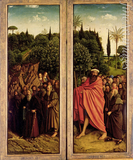 Eyck Hubert (Huybrecht) van - Der Genter Altar. Anbetung des Gotteslammes: Die Heiligen Eremiten und die Heiligen Pilger