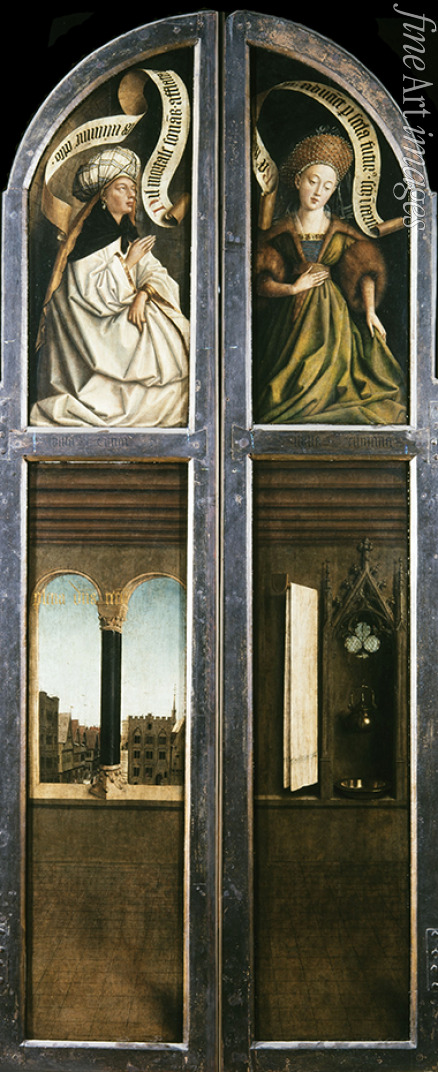 Eyck Hubert (Huybrecht) van - Der Genter Altar. Anbetung des Gotteslammes: Arkadenfenster mit Stadtlandschaft und Nische mit Schüssel, Kanne und Tuch 