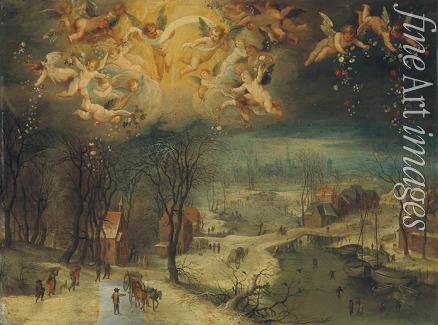 Rottenhammer Johann (Hans) the Elder - A winter landscape with villagers gathering wood and skaters on a frozen river, putti scattering flowers above