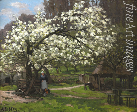 Sisley Alfred - Printemps, paysanne sous les arbres en fleurs (Frühling, Bäuerin unter blühenden Bäumen)