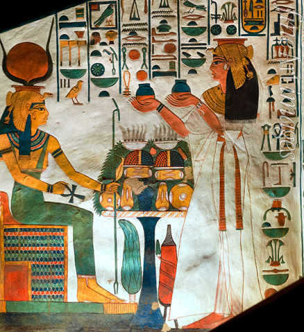 Ancient Egypt - Queen Nefertari presenting offerings to the goddess Hathor