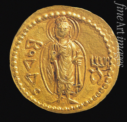 Numismatik Antike Münzen - Goldmünze Kanishkas mit Baktrischer Schrift. Rückseite: Buddha (boddo)