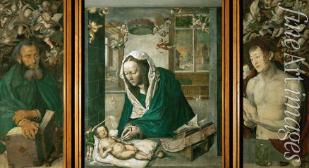 Dürer Albrecht - Dresden Altarpiece: central panel: Madonna Adoring the Child. The side panels: Saint Anthony and Saint Sebastian