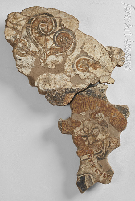 Sogdische Kunst - Fragment der Wandmalerei mit einem dreiäugigen Dämon mit Totenköpfen im Haar