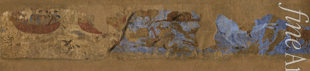 Sogdische Kunst - Wandmalerei von Afrasiab, Nordwand, chinesische Szene: Kaiser Taizong auf der Jagd und die chinesische Kaiserin auf einem Boot