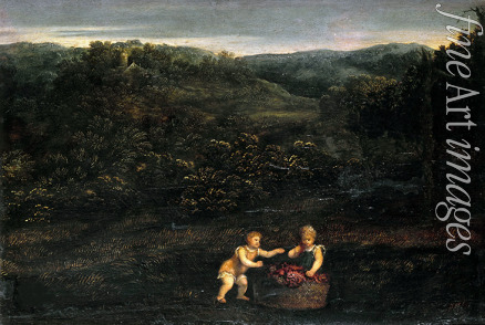 Bordone Paris - Landscape with two children and a basket of grapes