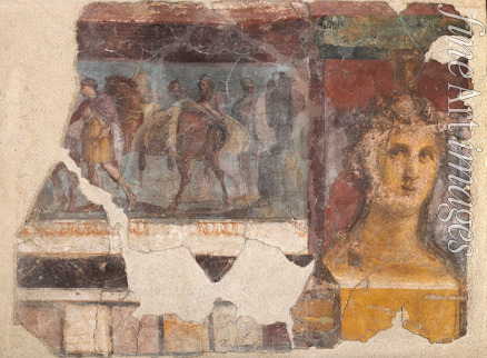 Römisch-pompejanische Wandmalerei - Weibliche Herme und Fragment mit Ilias-Szene