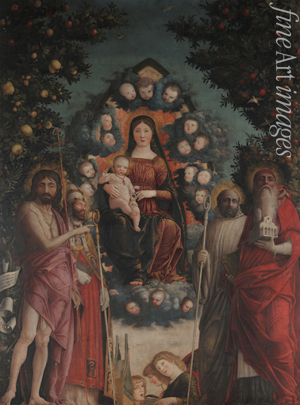 Mantegna Andrea - Madonna in Herrlichkeit mit den Heiligen Johannes dem Täufer, Gregor dem Großen, Benedikt und Hieronymus