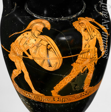 Ancient pottery Attican Art - Greek soldier fighting a Persian (Terracotta red-figure Nolan amphora) 