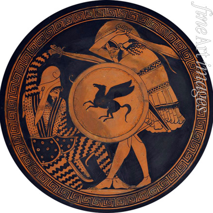 Antike Vasenmalerei Attische Kunst - Griechischer Hoplit kämpft gegen einen Perser (rotfigurige Trinkschale (Kylix)