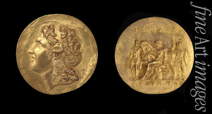 Numismatik Antike Münzen - Goldmedaillon von Abukir. Vorderseite: Kopf von Alexander dem Großen. Die Rückseite: eine Jagdszene