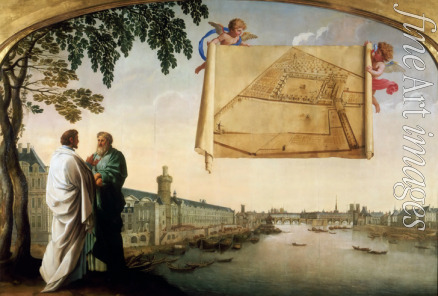 Le Sueur Eustache - Vue de Paris avec le plan de la Chartreuse de Paris porté par deux angelots