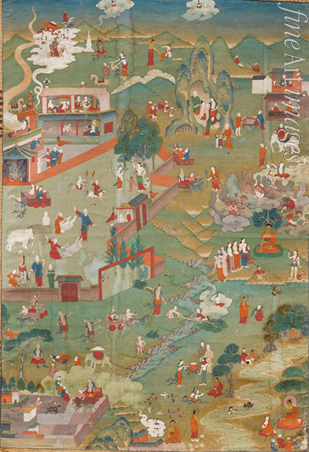 Tibetische Kultur - Thangka mit Szenen aus dem Leben Buddhas