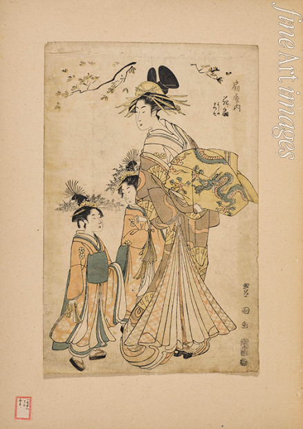 Toyokuni Utagawa - The Courtesan Hanaogi of the Ogiya House Attended by Two Kamuro
