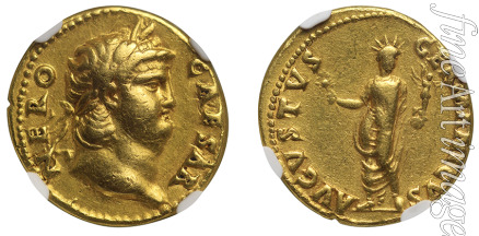 Numismatic Ancient Coins - Aureus of Emperor Nero. Obverse: Laureate head of Nero. Reverse: The Colossus of Nero 