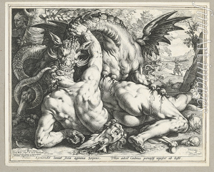 Goltzius Hendrick - Two Followers of Cadmus devoured by a Dragon. (After Cornelis Cornelisz van Haarlem)