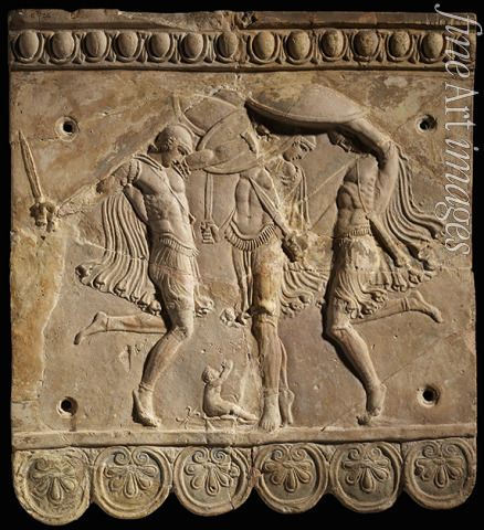 Classical Antiquities - Corybantian dance. Terracotta Campana relief: three Curetes with swords and shields, protecting the infant Zeus