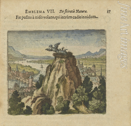 Merian Matthäus the Elder - Emblem 7. A young chick attempts to fly out of its own nest and falls into it again. From 