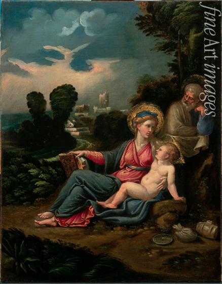 Girolamo da Carpi (Girolamo Sellari) - Die Heilige Familie in einer Landschaft