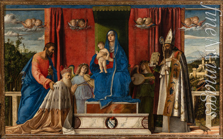 Bellini Giovanni - Enthroned Madonna and Child with Angel Musicians and Saint Mark, Saint Augustine and Doge Agostino Barbarigo