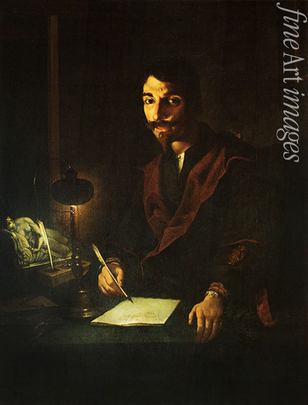 Paolini Pietro - Portrait of a man writing by the light of a lamp (Self-portrait) 