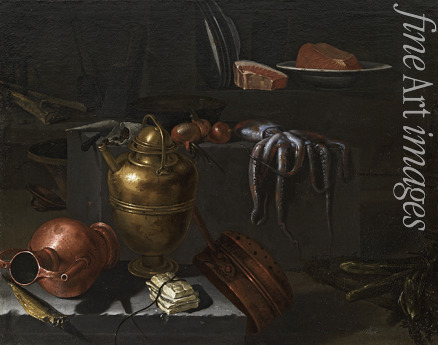 Recco Giuseppe - Kitchen Interior with Copper Ware, Octopus, and Onions on a Stone Ledge
