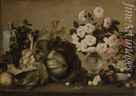 Strozzi Bernardo - Still life with courgettes, grapes, parsley, cabbage, vase of peonies and fruit