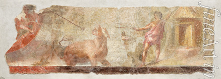 Roman-Pompeian wall painting - Hunting Hippos in a river landscape with two hunters, two water birds and a dwelling on the river bank