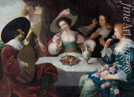 Cossiers Jan - Allegorie der fünf Sinne: Elegante Gesellschaft an einem Tisch sitzend