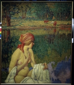Gusikow, Semjon Matwejewitsch - Badende Frau mit der ländlichen Landschaft im Hintergrund