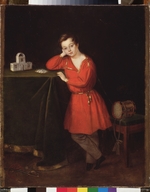 Russischer Meister - Junge in rotem Hemd mit Kartenhaus auf dem Tisch