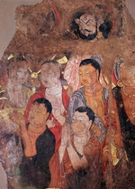 Zentralasiatische Kunst - Gruppe von Mönchen und Bodhisattvas. Wandmalerei-Fragment (Kloster Schikschin in Sinkiang)