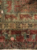 FrÃ¼he Kulturen des Altai, HÃ¼gelgrab Pazyryk - Knüpfteppich (Fragment: Bordüre mit Damhirschen und Reitern)