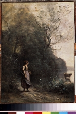 Corot, Jean-Baptiste Camille - Hirtin mit Kuh am Waldrande