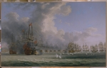 Hackert, Jacob Philipp - Die Seeschlacht von Çesme. Anfang der Schlacht am 5. Juli 1770